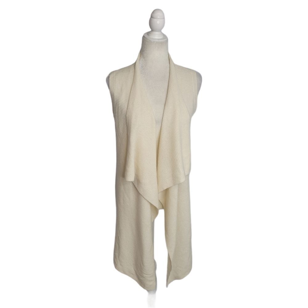 ST TROPEZ WEST 100% 2 ply cashmere open front waterfall cream sweater vest S